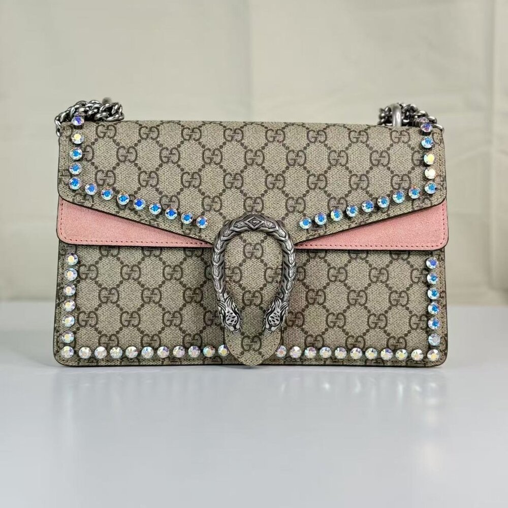 Gucci Pink Dionysus Bag Crystal Embelished GG Coated Canvas